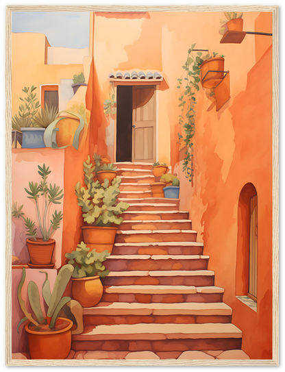 A warm-toned painting of a quaint staircase with potted plants lining the steps, flanked by terracotta walls.