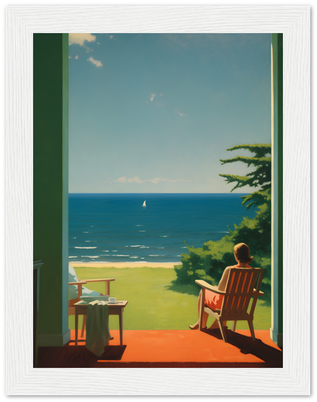 A person sitting on a chair on a porch, overlooking the sea with a sailing boat in the distance.