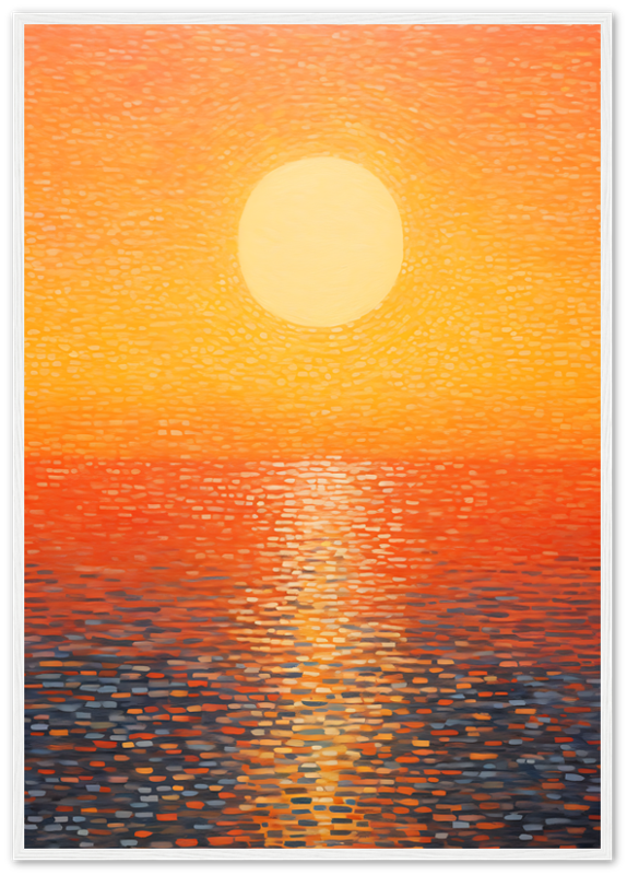 A framed painting of a sunset with a large sun over a body of water, in warm colors.