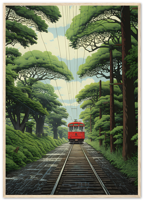 A framed digital illustration of a red tram on a tree-lined track.