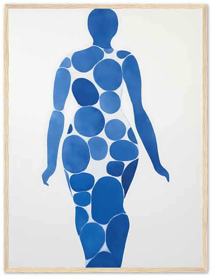 Artwork of a human silhouette composed of blue circles on a white background, framed.