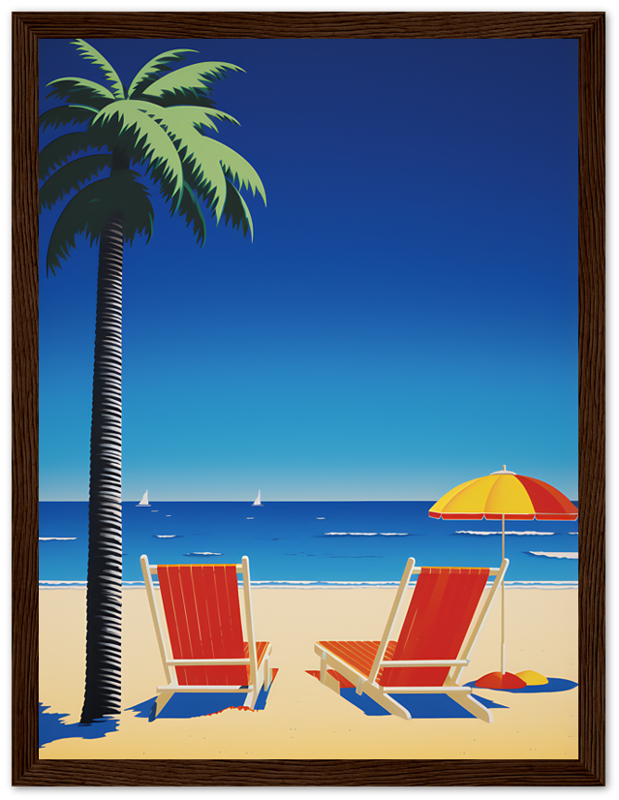 Illustration of a beach scene with palm tree, chairs, umbrella, and sailboats.