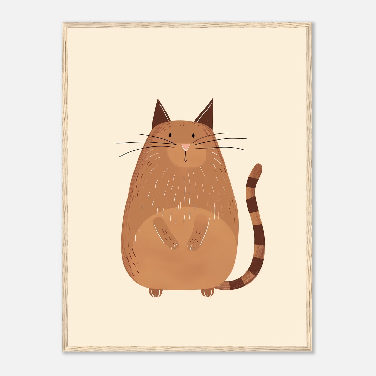 Illustration of a plump brown cat with stripes, hanging in a framed picture.