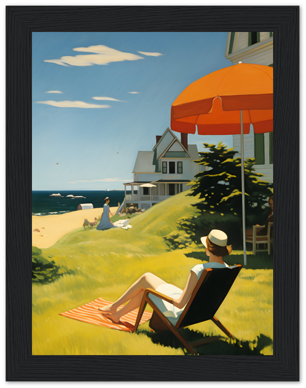 Beach scene with person lounging under umbrella, houses, and distant figures.