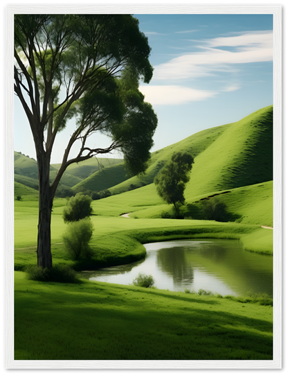 Idyllic landscape with lush green hills, a tree, and a reflective pond.