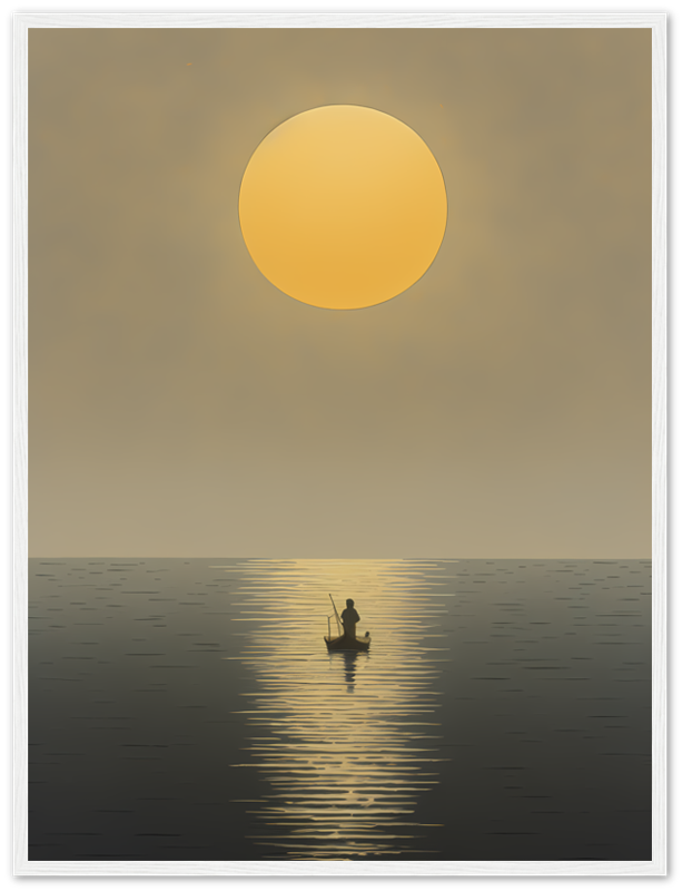 A framed image of a fisherman on a boat under a large sun with a reflective sea.