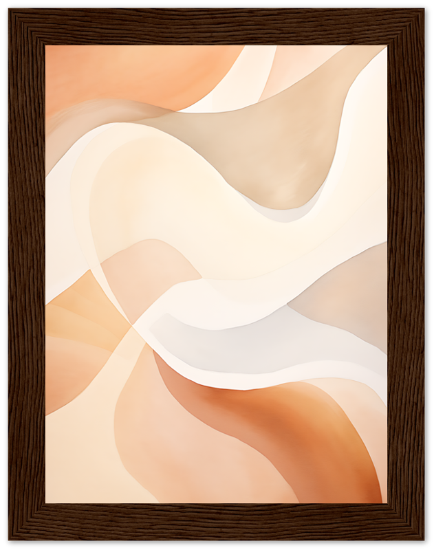 Abstract swirl painting in warm tones with a dark wooden frame.
