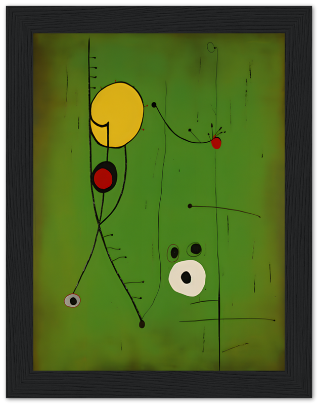 Abstract artwork with geometric shapes and lines in a dark frame.