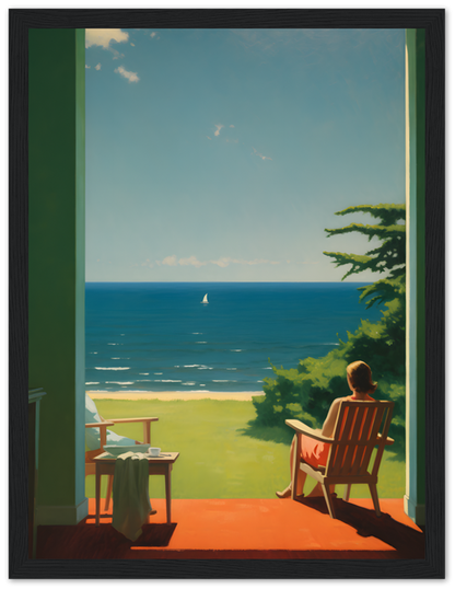 Painting of a person sitting on a chair watching the sea from a porch framed by a wooden doorway.