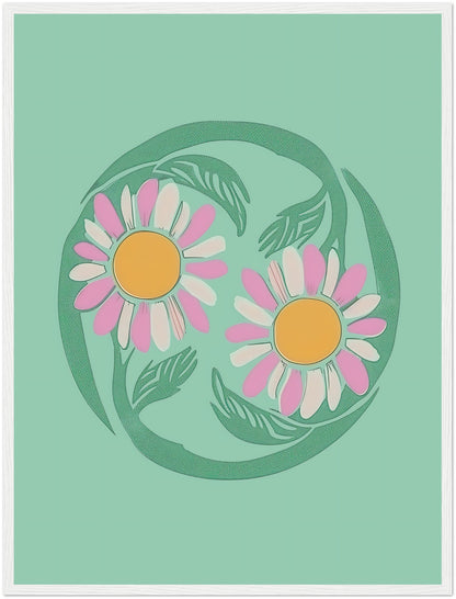 Stylized illustration of two daisies encircled by a green vine on a teal background with a brown frame.