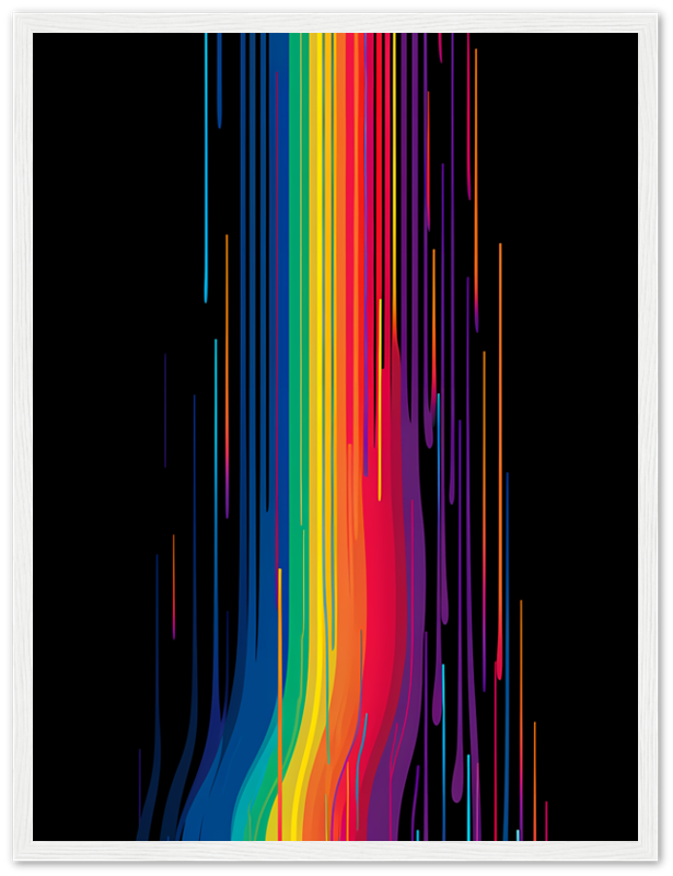 Abstract colorful streaks on a black background in a wooden frame.