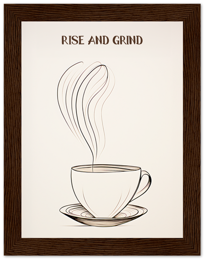 Illustration of a steaming coffee cup with the phrase "RISE AND GRIND" in a wooden frame.