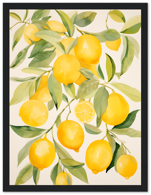 Illustration of bright yellow lemons on leafy branches in a frame.