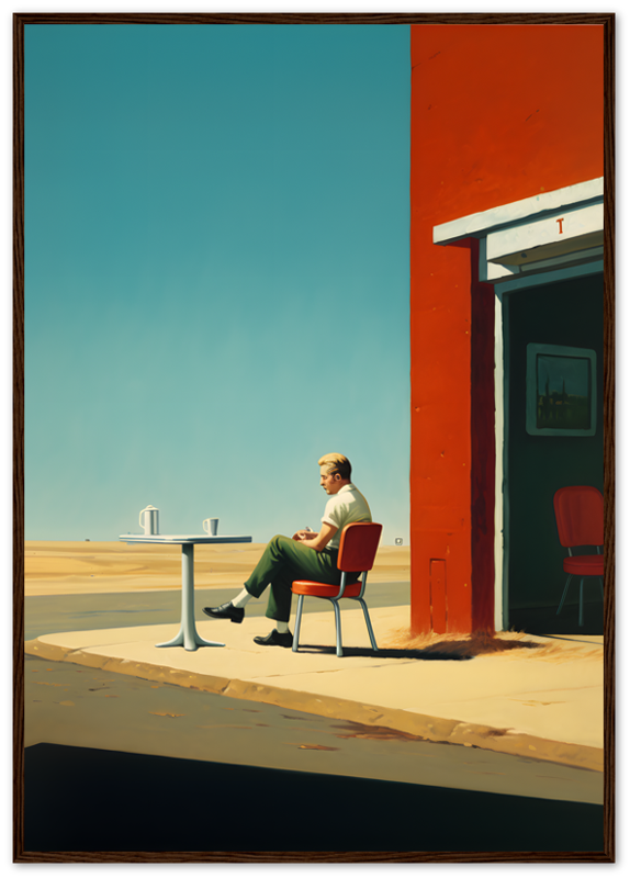 A man sitting alone at a table outside a building with a vibrant red pillar and clear blue sky.