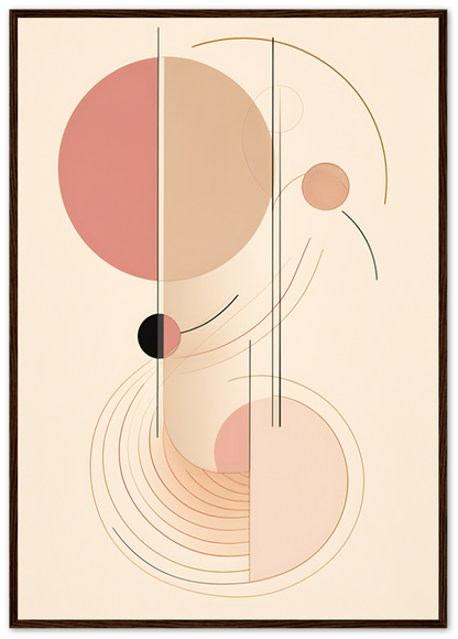 Abstract artwork with geometric and organic shapes in pastel colors, framed on a wall.