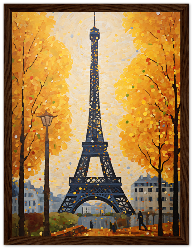 An impressionistic painting of the Eiffel Tower surrounded by autumn trees.