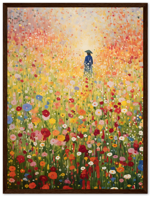 A painting of a person standing amidst a vibrant field of flowers displayed in a white frame.