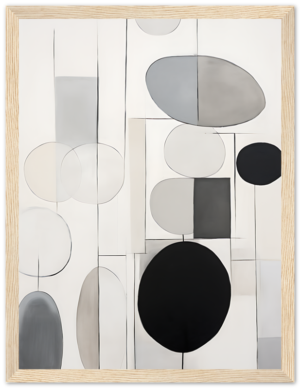 Monochrome abstract art featuring circles and rectangles with a white frame.