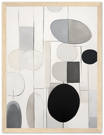 Monochrome abstract art featuring circles and rectangles with a white frame.