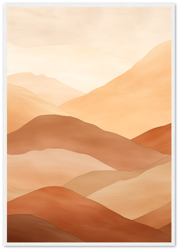 Abstract mountain landscape artwork in warm tones with a dark wooden frame.