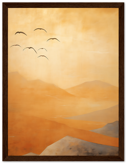 A painting of a desert landscape at sunset with birds flying in the sky within a dark frame.