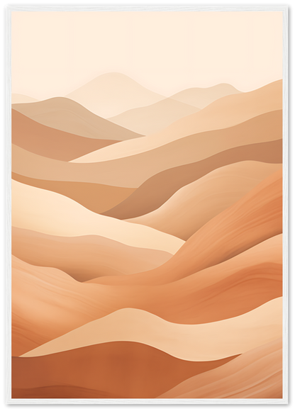 A framed illustration of stylized, wavy brown and beige mountains.
