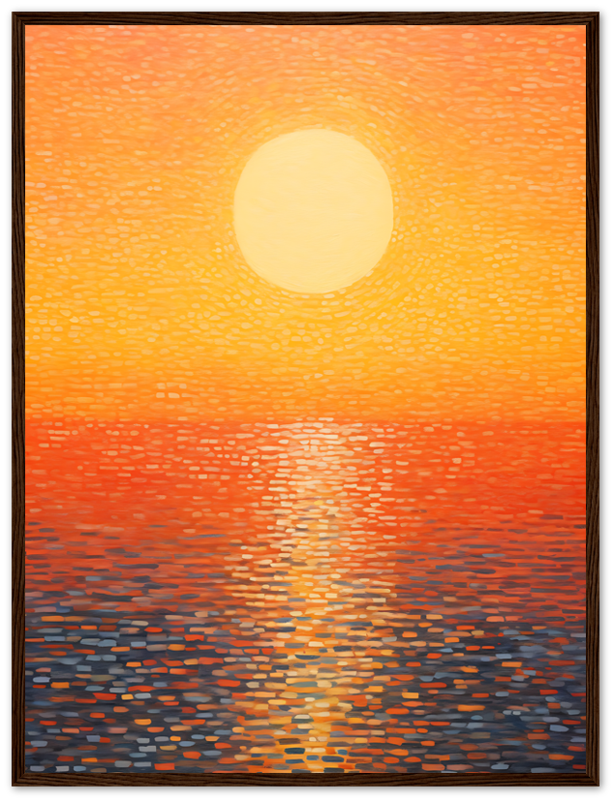 A framed painting of a sunset with a large sun over a body of water, in warm colors.