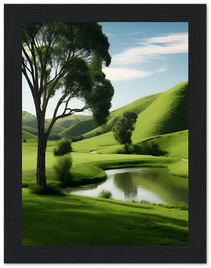 A serene landscape with a tree beside a winding river through green hills.