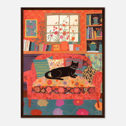 Illustration of a black cat resting on a colorful sofa with decorative pillows and framed artwork on the wall.