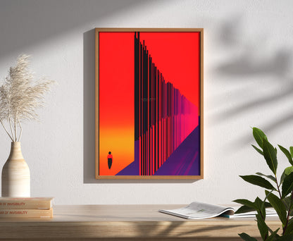Abstract wall art with red and purple tones casting a shadow in a bright room.