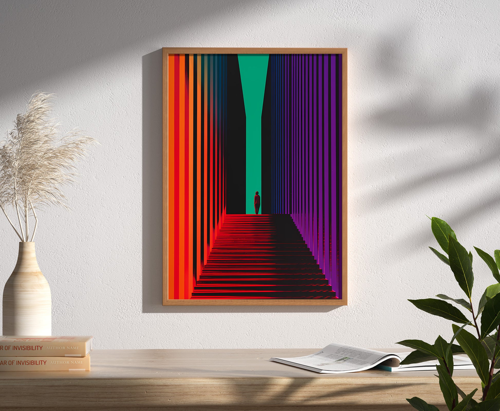 Modern art canvas on a wall depicting colorful stripes and a solitary figure.
