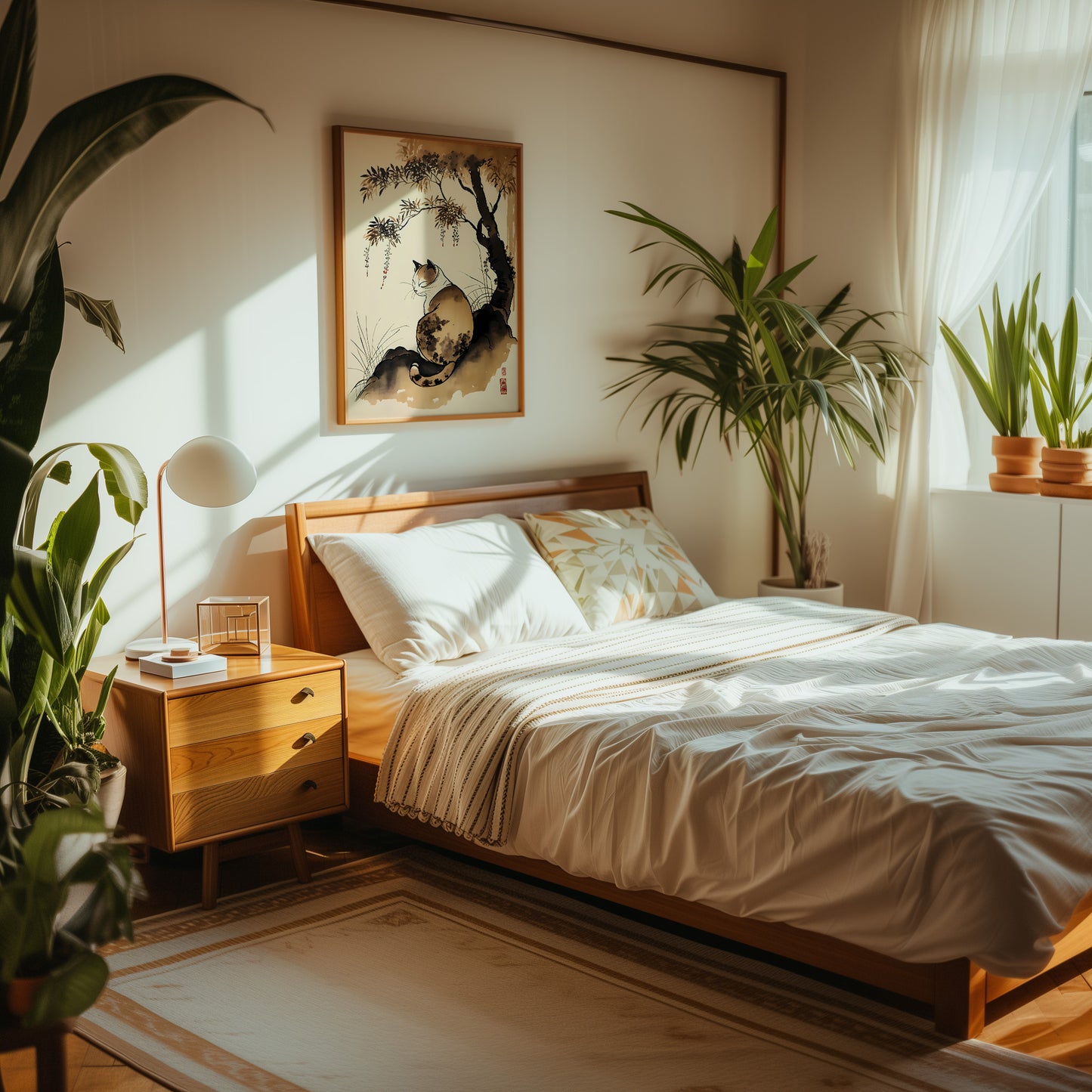 A cozy bedroom with a bed, side table, lamp, and plants in sunlight.