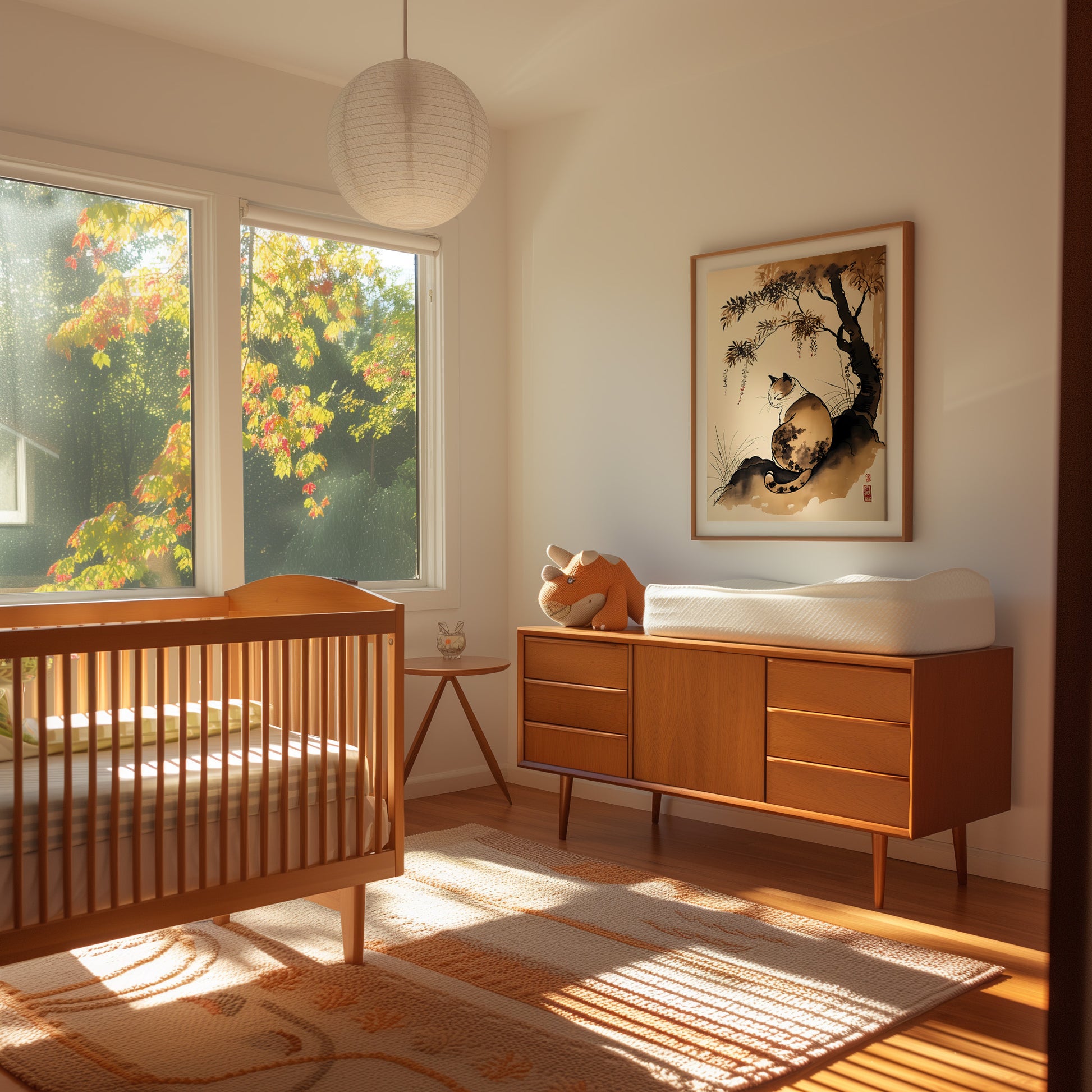 Sunny bedroom with a wooden crib, dresser, and Japanese-style art on the wall.