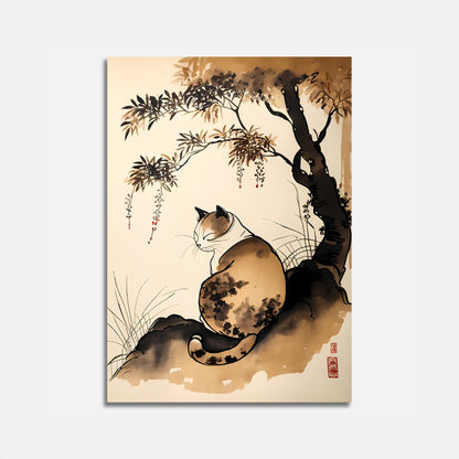 A traditional Asian ink painting of a cat sitting under a tree.