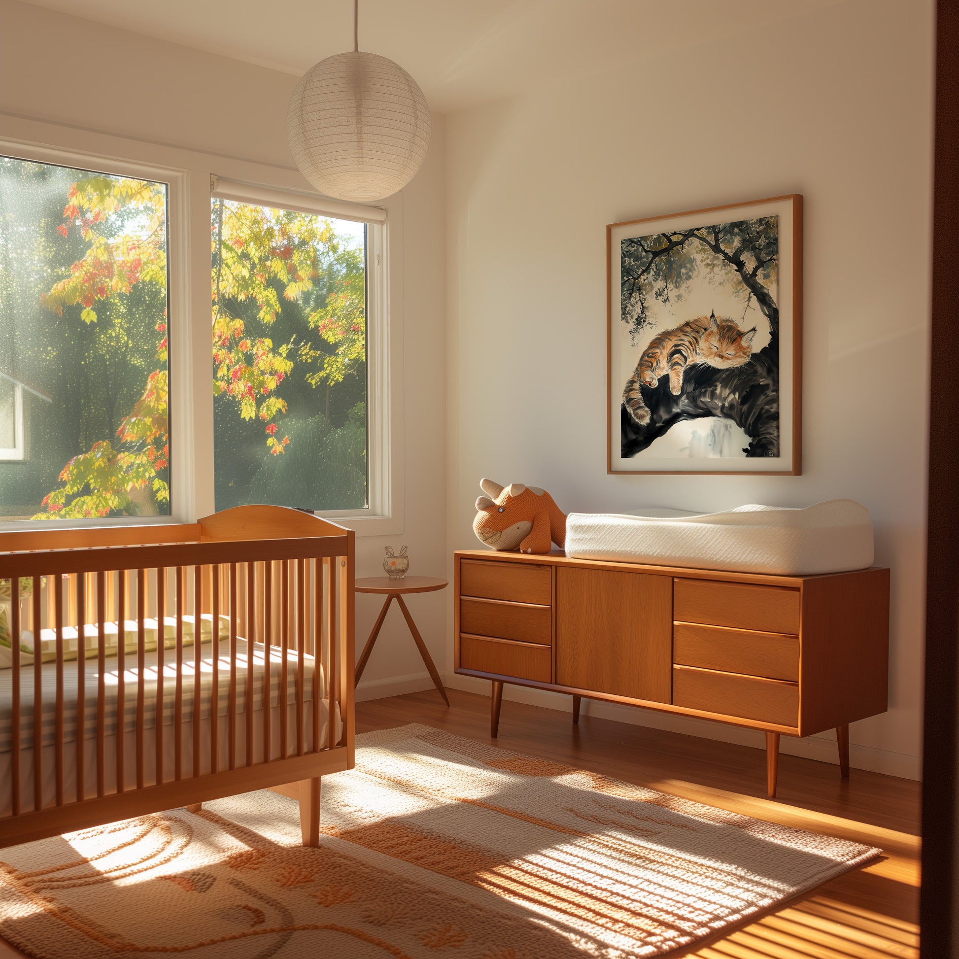 A cozy nursery room with a crib, dresser, and a painting of tigers, bathed in warm sunlight.