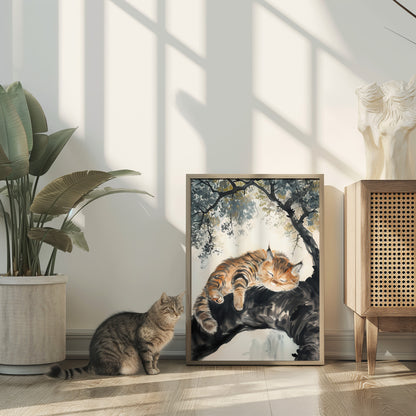 A cat looking at its portrait in a modern living room.