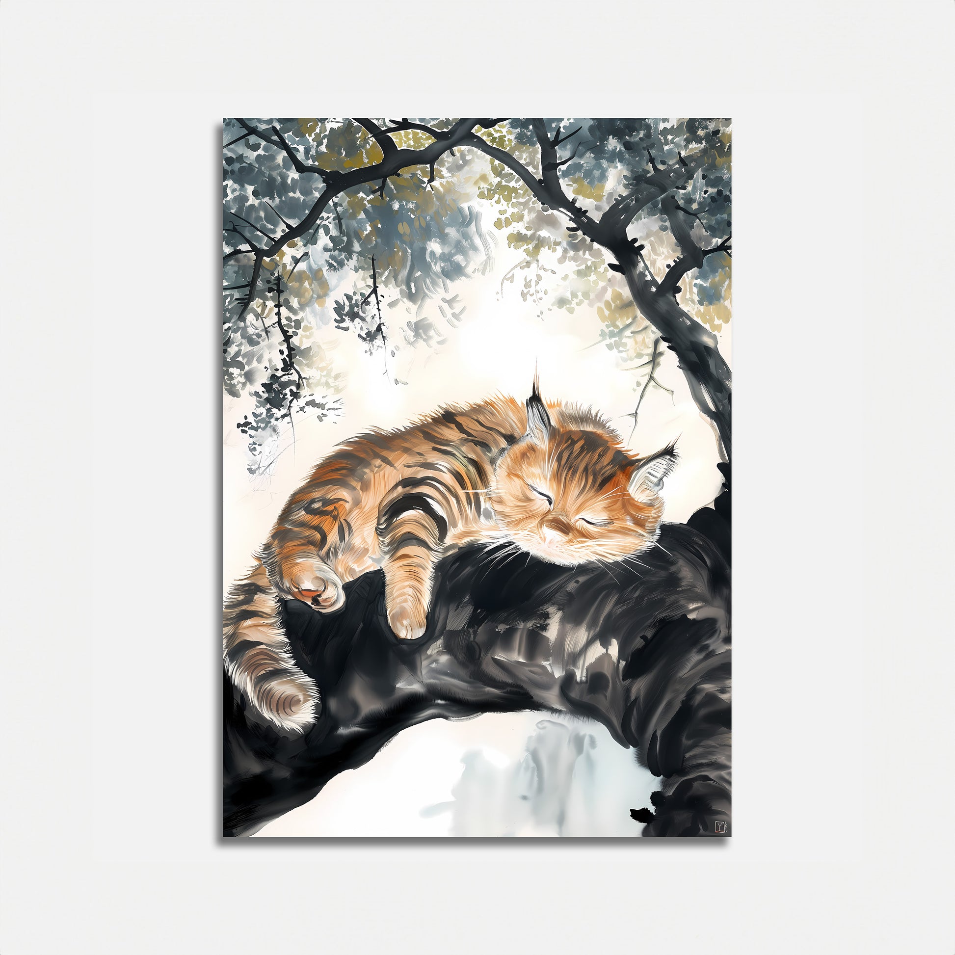 A painting of a ginger cat sleeping peacefully on a tree branch.