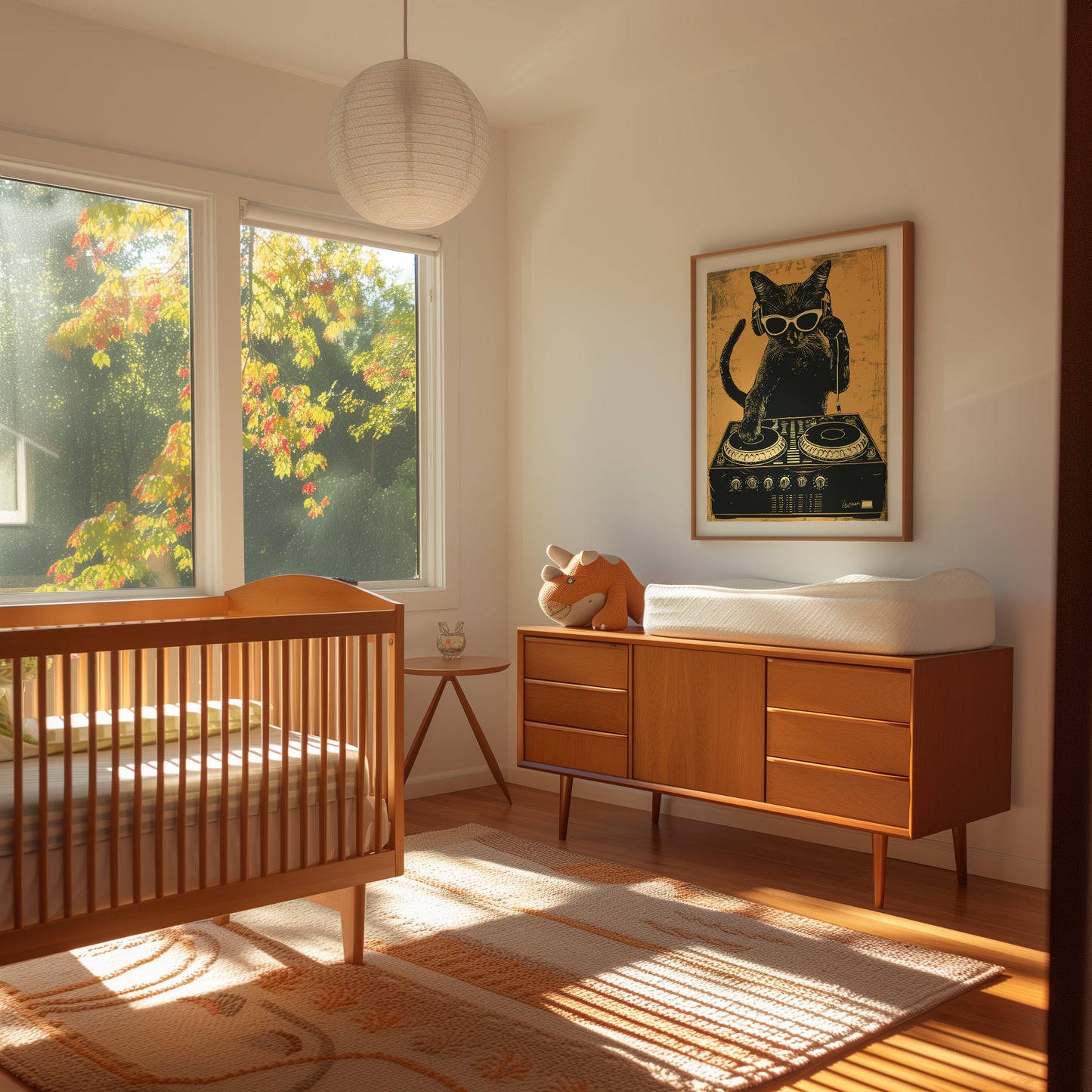 Sunny room with a wooden crib, dresser, and cat illustration on the wall.