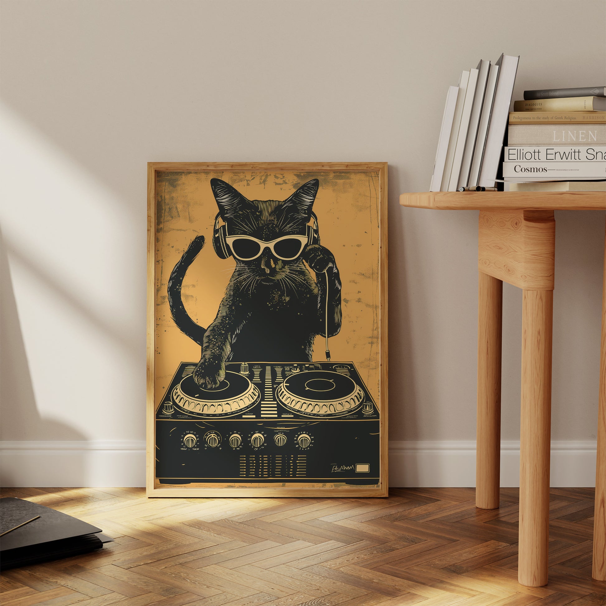 A poster of a cat with sunglasses DJing on a turntable, in a room with sunlight.