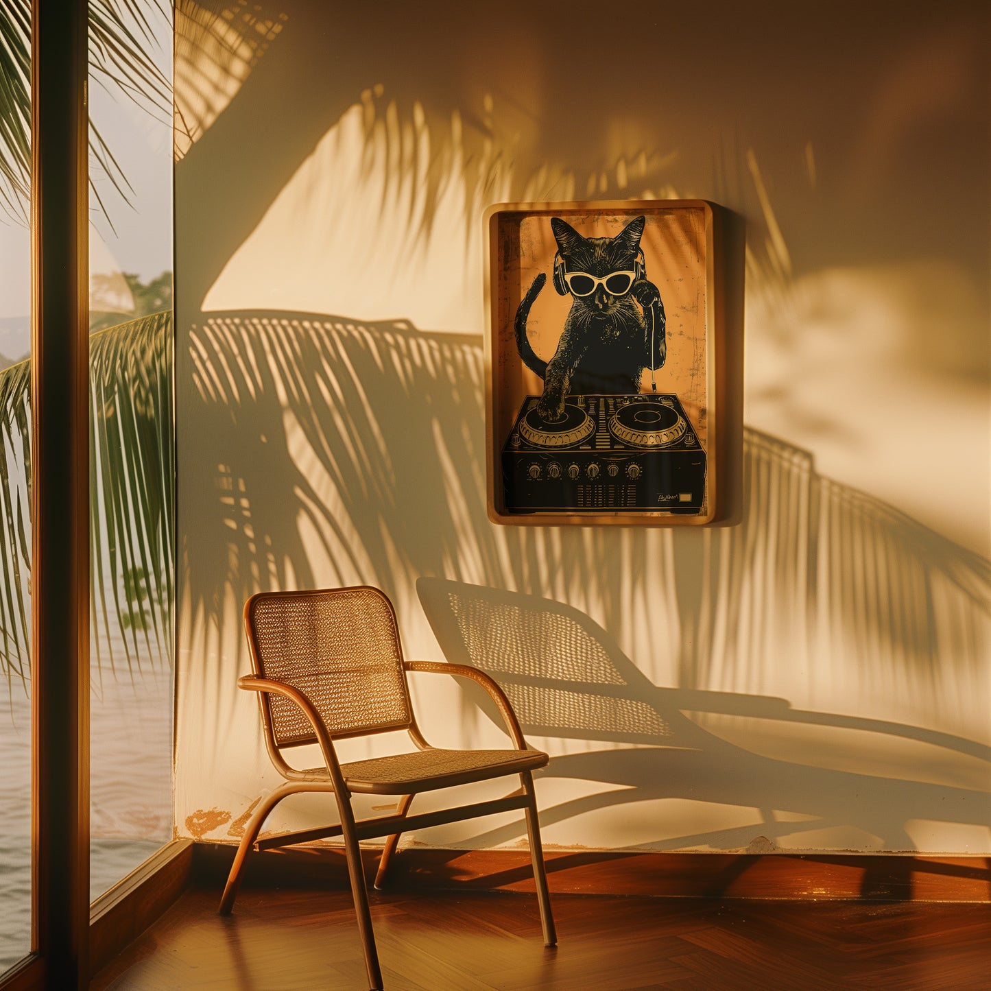 A cozy corner with a wicker chair, shadowed palm leaves, and vintage cat art on the wall.
