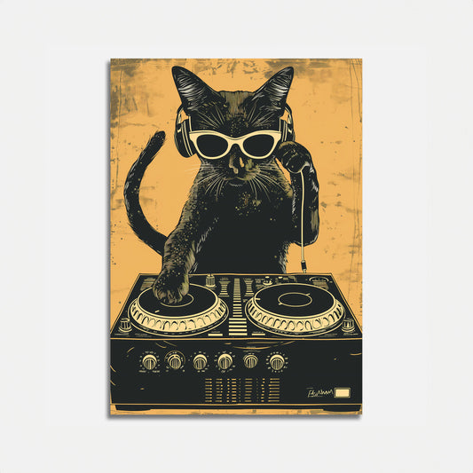 A stylized image of a cat with sunglasses DJing on a turntable.