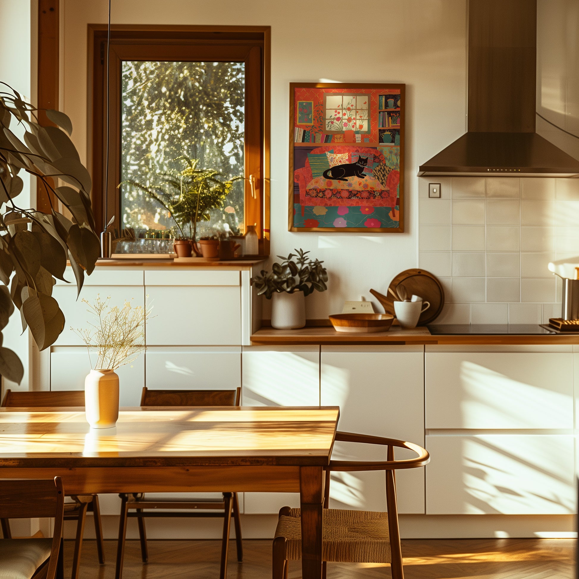 Cozy sunlit kitchen with plants on window sill and wooden table.