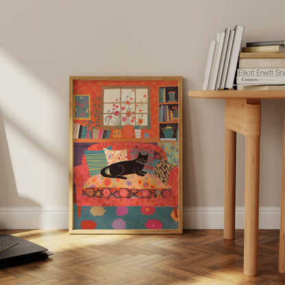 Artwork of a colorful quilt and a black cat sitting on a chair leaning against a wall.