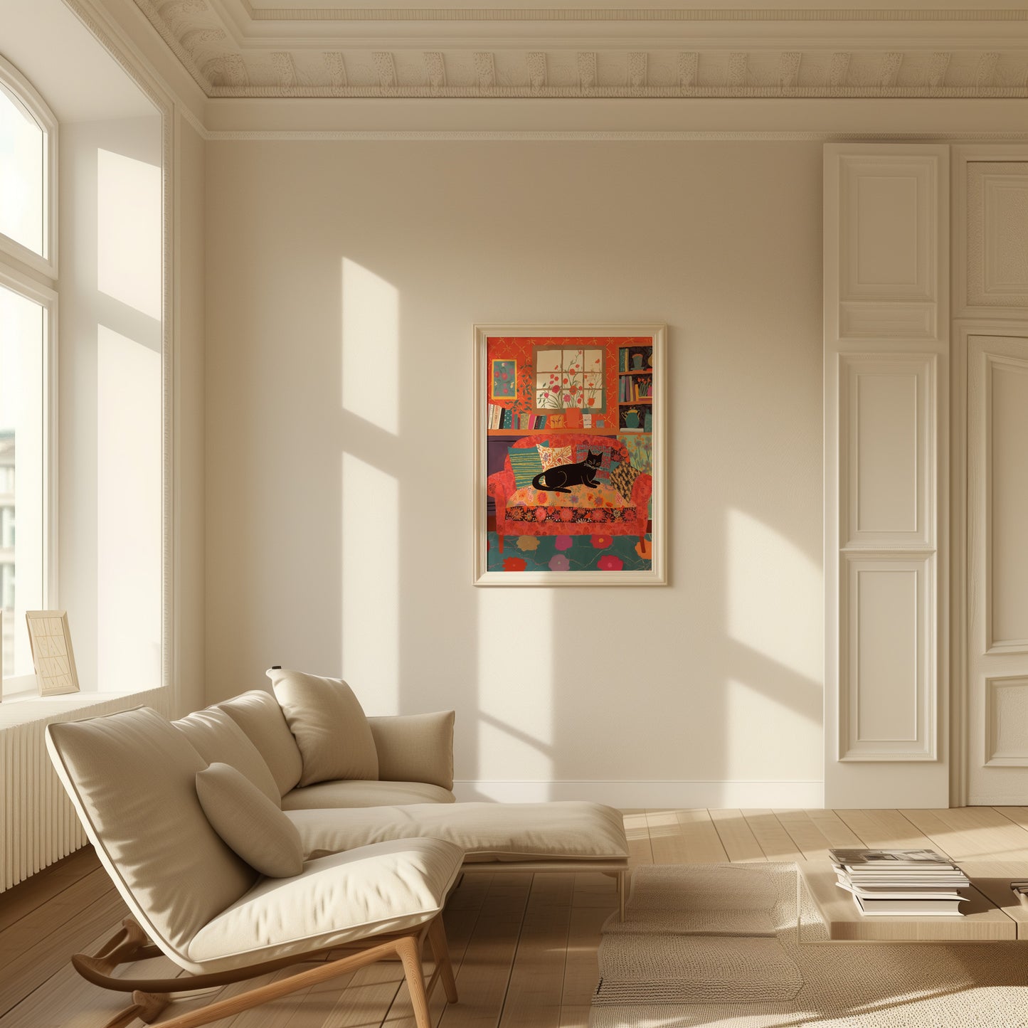 A cozy living room corner with a sofa, artwork on the wall, and sunlight streaming in.