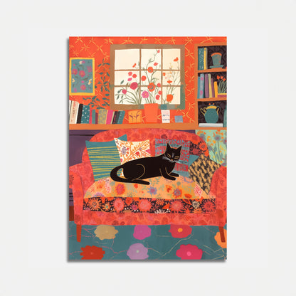 A colorful illustration of a black cat lying on a patterned sofa with decorative pillows and artwork in the background.