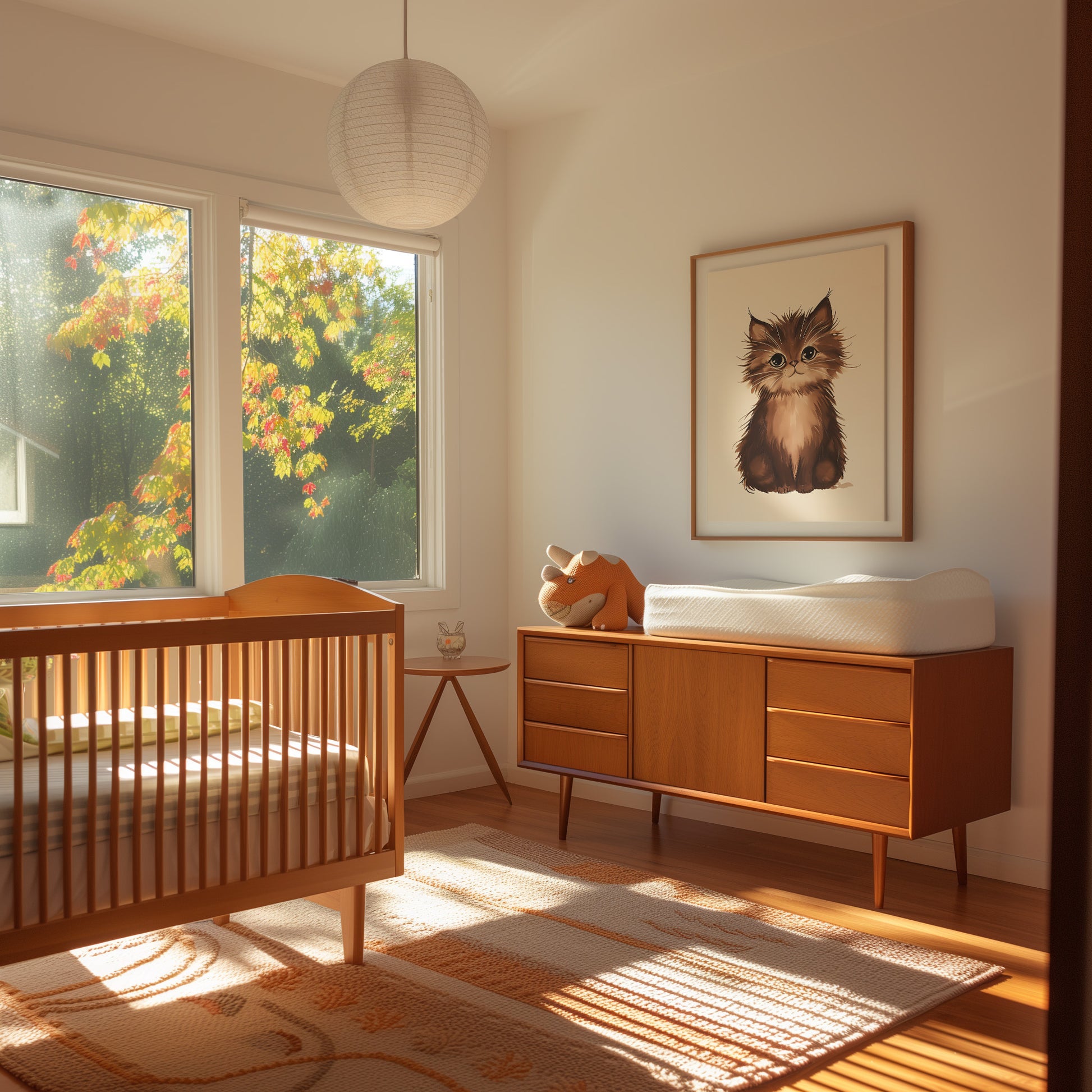 A sunlit nursery with a crib, dresser, and a cat painting on the wall.