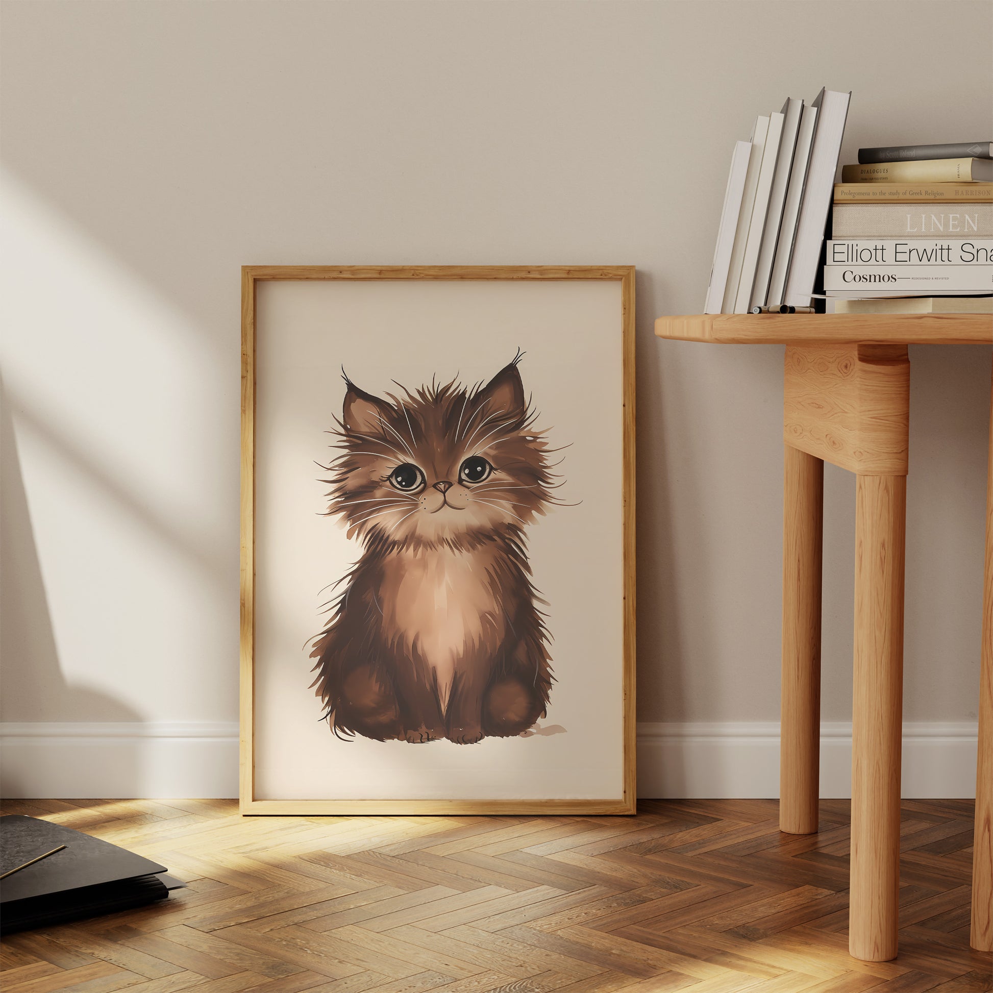 Illustration of a fluffy brown cat in a frame leaning against a wall.