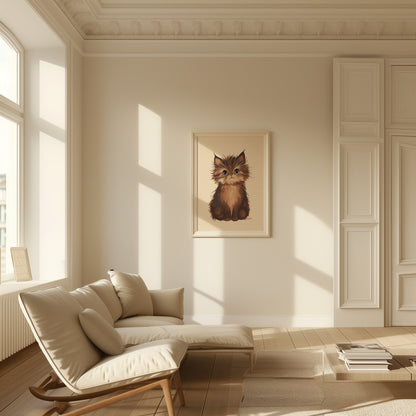 A cozy room with a framed picture of a cat, a sofa, and sunlight casting shadows on the wall.