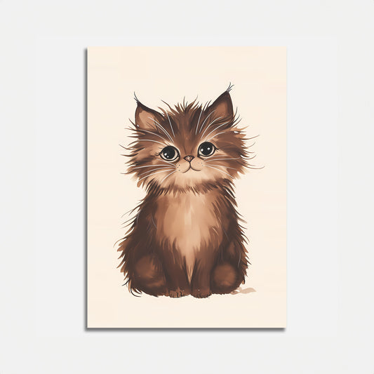 Illustration of an adorable fluffy brown kitten with big eyes on a light background.