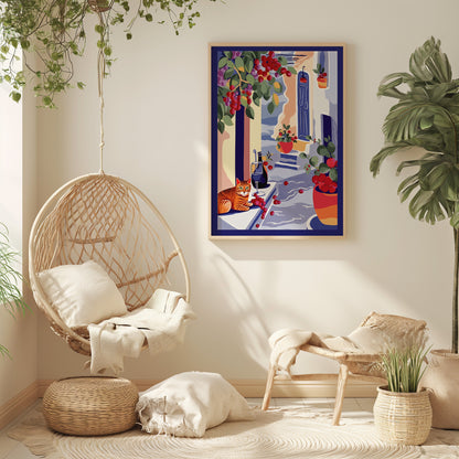 A cozy reading nook with a hanging chair, colorful artwork on the wall, and plants.